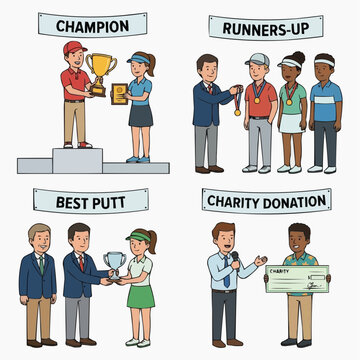 This comprehensive illustration depicts four distinct golf-related award ceremonies and a generous charity donation event, celebrating champions, runners-up, best putts, and community giving.