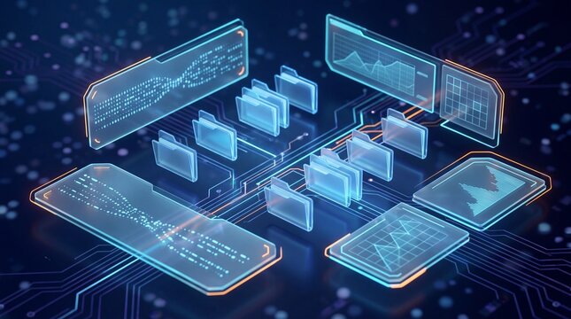Futuristic digital interface with data visualization and file management icons.