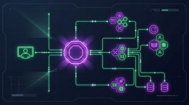 Futuristic digital interface with interconnected nodes and vibrant colors.