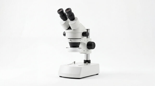 Modern white stereo microscope for science, education, or research, isolated on white background. Precision tool
