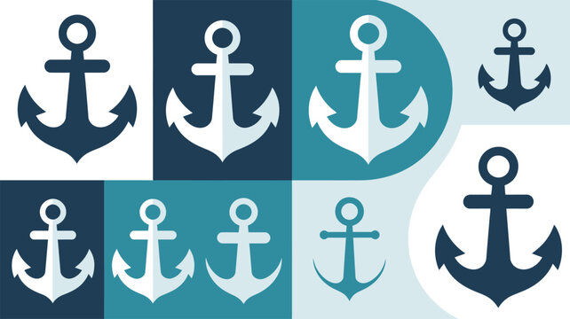 Collection of stylized nautical anchor icons in blue and white vector pattern background with nautical maritime adventure