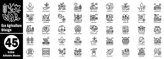 Eco agriculture design line icons set. Featuring Sustainable farming, water conservation, organic growth, and smart farm technology. © Hafiz