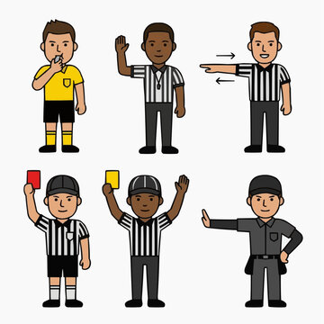 A collection of six diverse cartoon referees demonstrating various calls and game signals in sporting events, featuring different uniform styles.