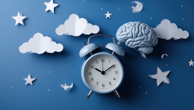 The Power of Sleep: An alarm clock and a brain model rest amidst a dreamy sky with paper clouds and stars, symbolizing the vital connection between rest and cognitive function.
