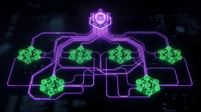 Neon API flowchart glowing purple green lines microservices concept. Futuristic digital network diagram showcasing connections and data flow.