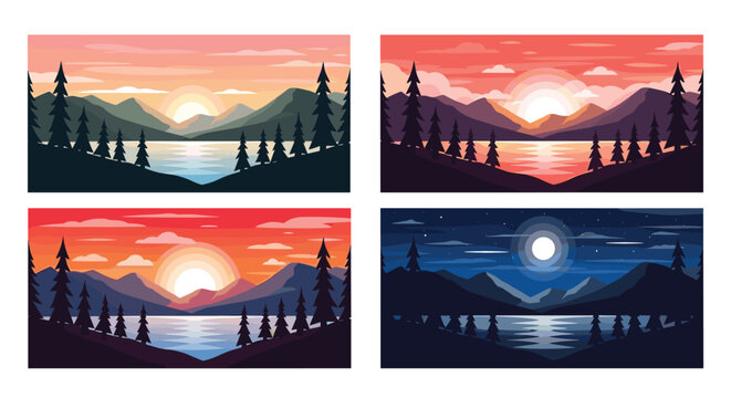 Pixel art landscape scenes depicting a mountain lake at sunset dusk and night showing the progression of time and changing colors.
