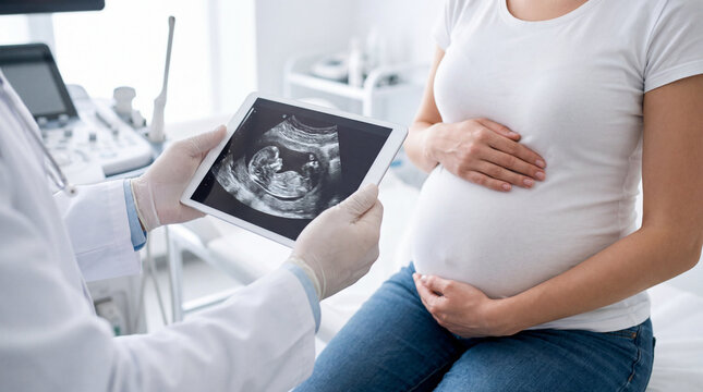 Doctor showing baby ultrasound to expectant pregnant woman during a modern prenatal care check-up