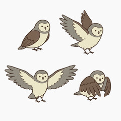 Obraz premium Four charming cartoon owls, displaying unique poses: standing, flying, flapping, looking back, all with brown and cream plumage.