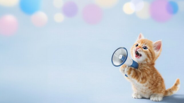 Cute orange kitten holding a megaphone, shouting or announcing on megaphone, copy space, playful advertising concept.