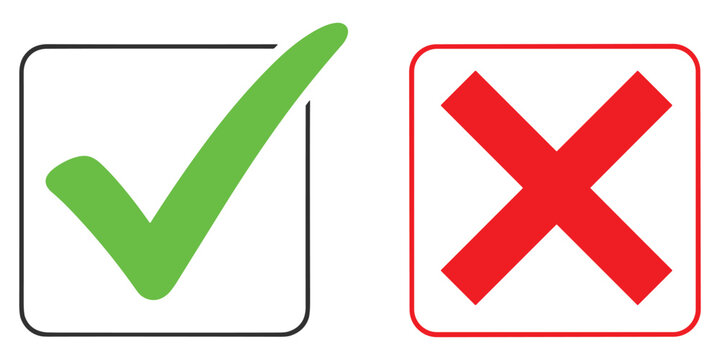 Green check mark and red cross icon set inside rounded boxes for ui and web interface elements