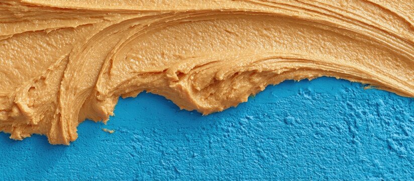 Smooth, creamy tan spread curves over a textured, vibrant blue surface