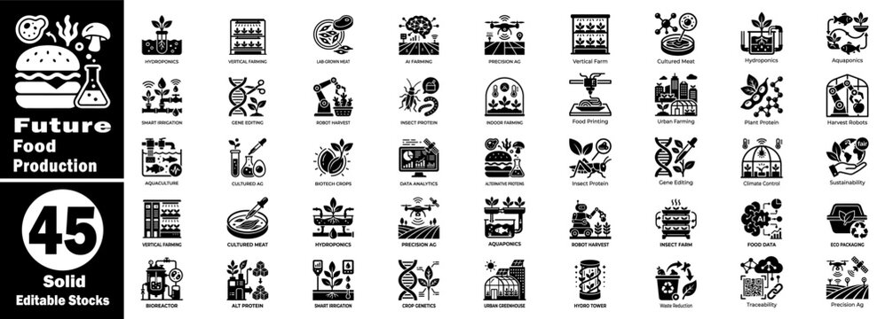 Future food production solid icons set. Including hydroponics, vertical farming, lab meat ai farming, and precision agriculture.