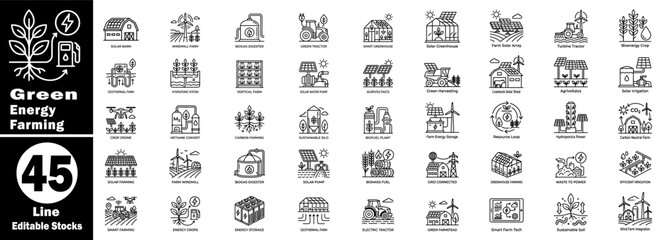Green energy farming icons pack. Featuring renewable resources like solar power, wind turbines, biogas, and smart greenhouses. © Hafiz