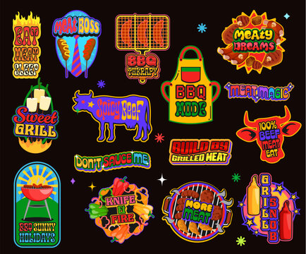 Vintage retro y2k bbq meat stickers, barbeque patch labels vector set featuring fun typography, beef cuts, grilling tools, sausages, flames, and cheeky slogans. Badges for summer cookout food festival