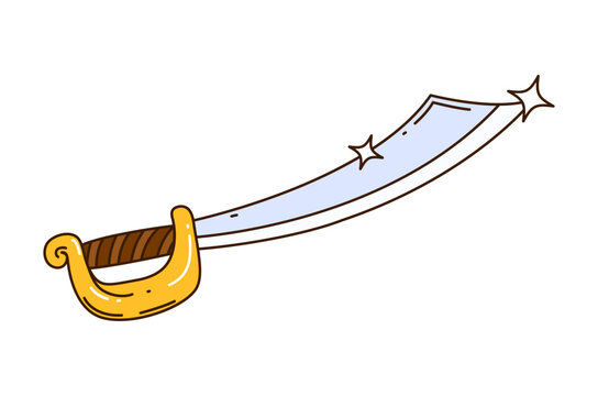 Cartoon pirate cutlass sword icon featuring long curved shiny light blue blade with sparkle glint accents. Groovy brown wrapped grip handle and golden scroll guard for pirate game UI weapon icons