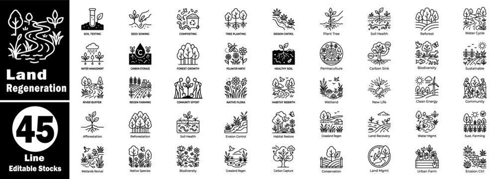 Land regeneration line icons set, ecological restoration and sustainability. soil health, afforestation, biodiversity.