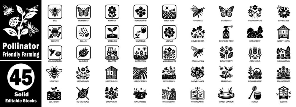 Pollinator-friendly farming icon set. Solid black symbols for sustainable agriculture, biodiversity, and ecosystem conservation.