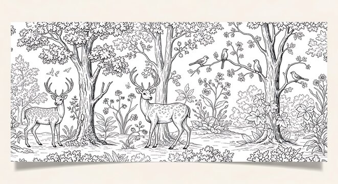 Enchanted forest scene with stags and birds, detailed line art