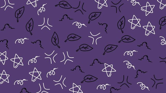 Purple background features whimsical doodles. Stars, leaves, and swirls appear in playful patterns. Black and white outlines create a charming, abstract feel. Ideal for children's books