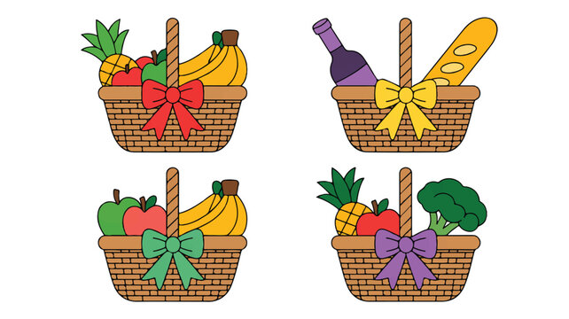 four cartoon baskets with different types of food and colorful bows on white background