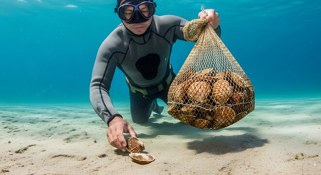 Professional scuba diver collecting fresh scallop seashells into a mesh bag on the sandy underwater ocean floor. Crystal clear marine photography with natural turquoise light and realistic details.