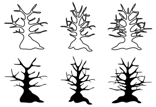 Set of imaginative drawings of large tree doodles with branches in silhouette and outline form, isolated flat on white background, vector