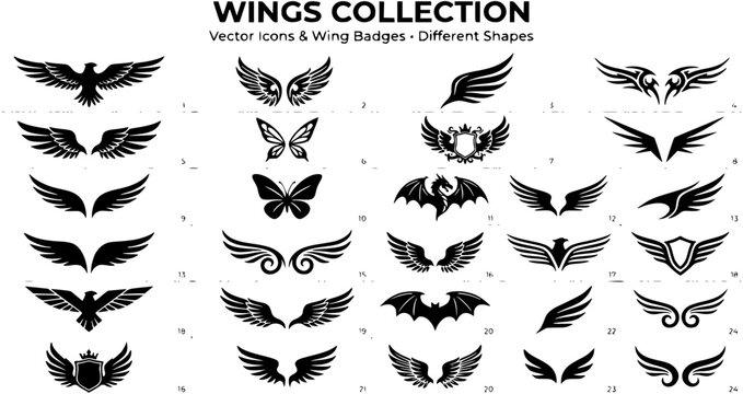Wings icon set, Wings Collection in different shape, Wings badges, Vector illustration.