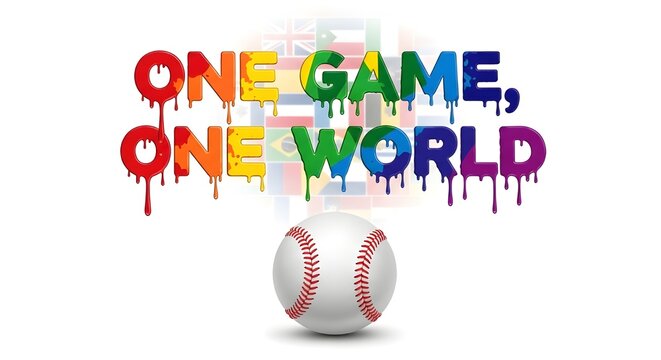 Rainbow colorful text one game one world with baseball