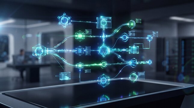 Futuristic interface showcasing interconnected data points and digital connections.