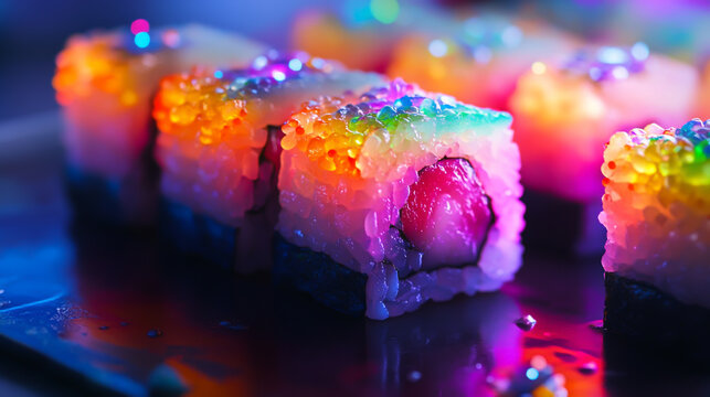 Neon glowing sushi rolls arranged on black board illuminated by colorful lights with sushi bar japanese colorful lighting appetizer restaurant