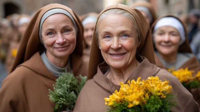 Mater Dolorosa Celebrations with Smiling Nuns Holding Flowers
