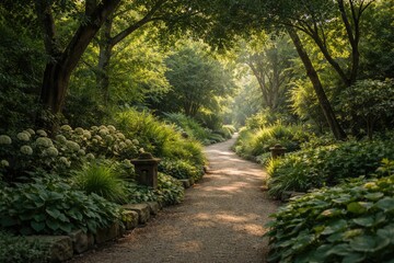 Fototapeta premium Quiet garden walkway lined with thriving greenery and mature trees under soft natural light