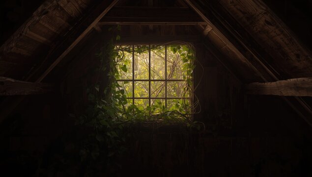 Attic interior showing wooden hatch roof and window with rustic plants for home repair themes
