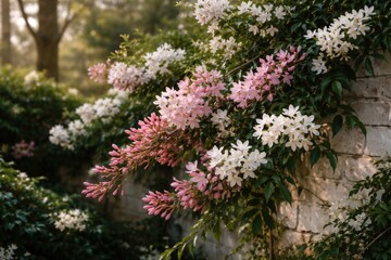 Obraz premium Pink and white jasmine in a late winter garden setting with vivid greenery and white brick background