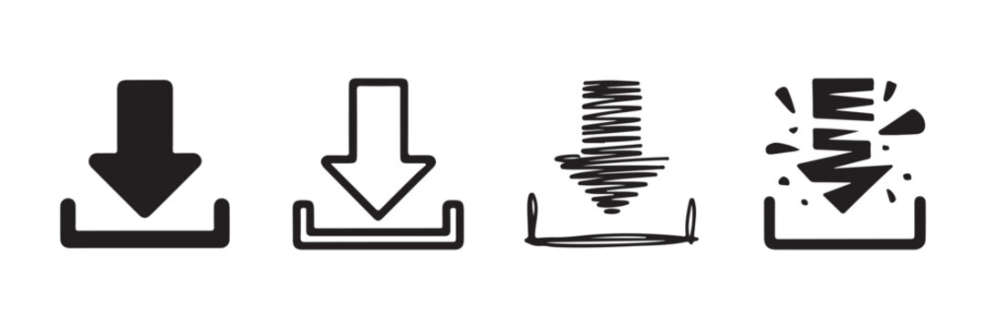 Black and white vector icons showing different download button styles with effects for UI design projects.