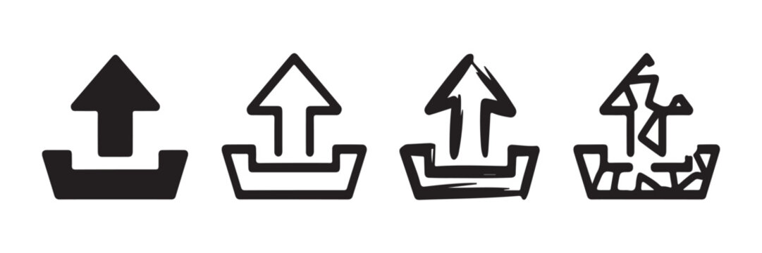 Four stylish vector icons showing upward arrows combined with different boat designs in black and white.