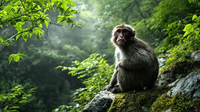 Japanese Macaque Living in a Peaceful Forest Environment