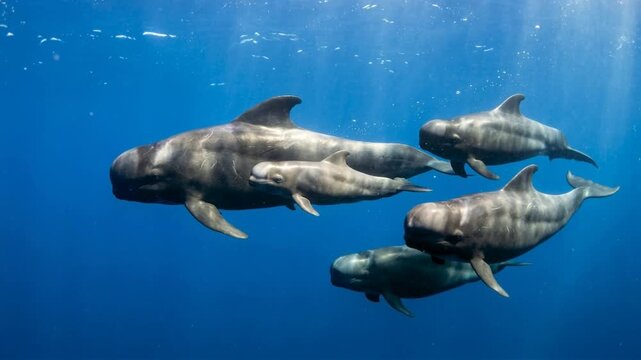 pilot whale family swimming underwater in search of food video