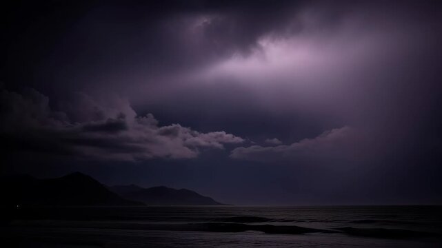 Lightning Storm Over Dark Water Ocean.