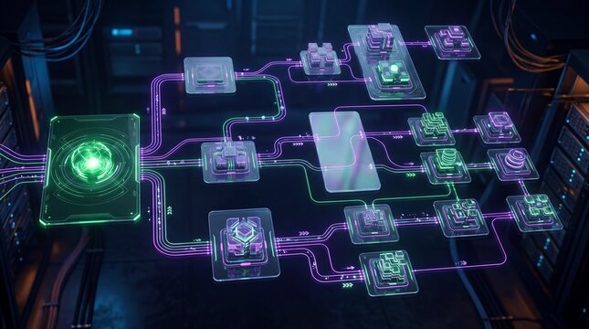 Futuristic network diagram showcasing data flow and connections in a digital environment.