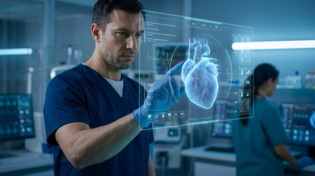 Male Doctor Examining Floating Blue Hologram of Human Heart