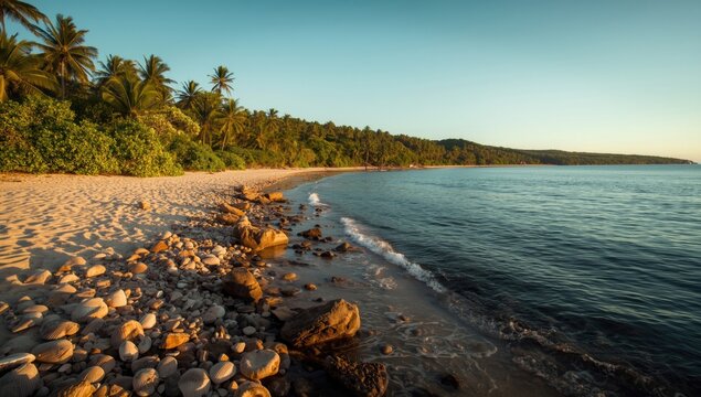 Aerial capture of a quiet beach zone highlighting natural shells and rocks beside calm wavelets along a sandy coast with thick greenery