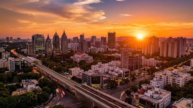 dramatic aerial skyline of bangalore india at sunset timelapse