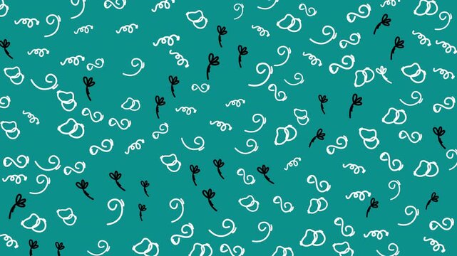 Abstract swirls dance across a teal backdrop. Black and white silhouettes of scissors float freely. Playful, whimsical design suggests creativity or crafting. Perfect for design projects, stationery
