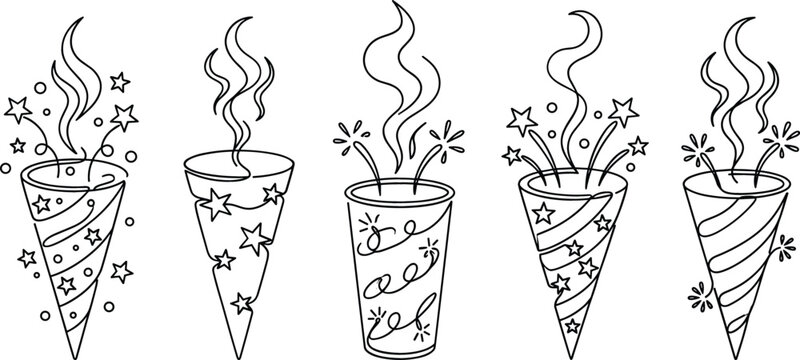Hand-drawn Black Line Art Party Popper Illustrations with Confetti and Celebration Elements, Festive Holiday Icons for Event, Party, and Celebration Designs