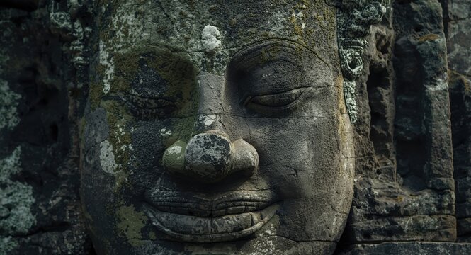 Ancient stone face sculpture with weathered details