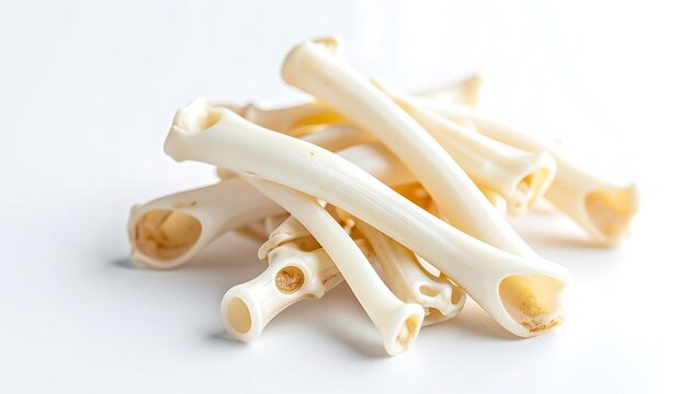 Pile of hollow ivory bones with textured surface, isolated on a clean white background, conceptual still life