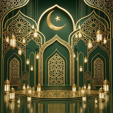 Green mosque interior with ornate islamic patterns and lights