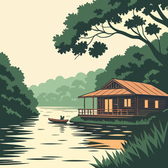 tropical bungalow on the water with lush vegetation stylized vector illustration with a canoe © md solaimas