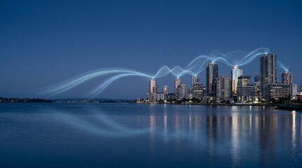 Fototapeta premium Smart city skyline with digital data waves connecting buildings at night over water.